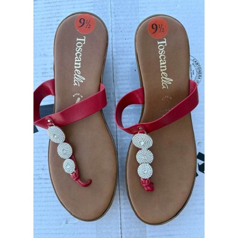 Toscanella Red Italian Leather Wedge Sandals Rhinestone Medallion Womens 9.5